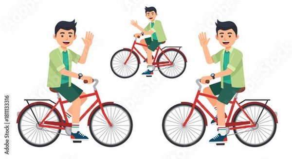 Obraz Illustration of a man riding a red bicycle and waving.