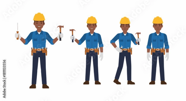 Obraz Four illustrations of a construction worker wearing a yellow hard hat and holding tools.