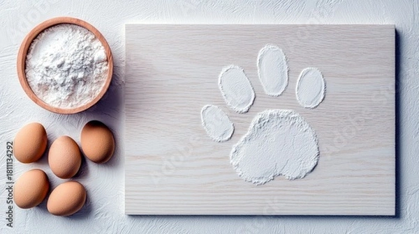 Fototapeta A paw print made of white flour is imprinted on a light wooden board, with a bowl of flour and several brown eggs nearby.
