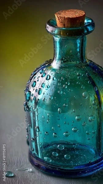 Fototapeta The cosmetic package is a green bottle with water drops, focusing on the product and its appearance in a close-up shot