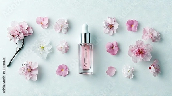 Fototapeta A dropper bottle of pink serum is surrounded by delicate pink and white flowers and petals on a soft blue surface.