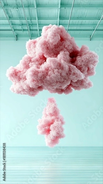 Fototapeta Two fluffy pink clouds are suspended in a bright, minimalist studio space with a light blue background and a striped floor.