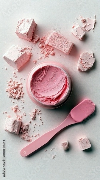 Fototapeta A close-up overhead view of a pink cosmetic cream in an open jar, surrounded by scattered pink powder and chunks of product, with a pink spatula lying nearby on