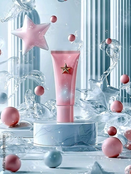 Fototapeta A pink cosmetic tube with a gold star emblem sits on a marble podium, surrounded by dynamic water splashes, pink spheres, and star shapes.