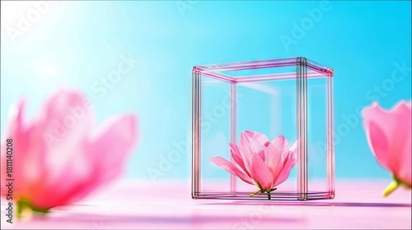 Fototapeta A delicate pink flower is enclosed within a transparent geometric cube, set against a vibrant blue sky with soft pink flowers in the foreground and background.