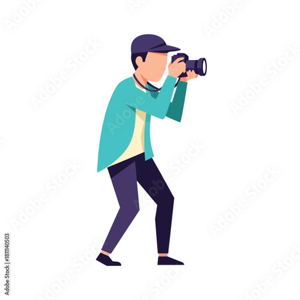Fototapeta An illustration of a photographer holding a camera and taking a picture, wearing a cap and a jacket.