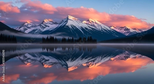 Obraz Snow capped mountains reflected in calm lake at sunrise with pink clouds reflection