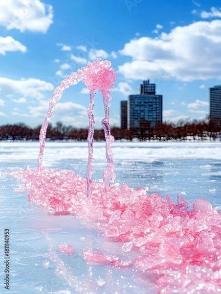 Fototapeta Pink ice formations and water jets create an abstract, artistic scene on a frozen lake, with a city skyline and cloudy sky in the background.