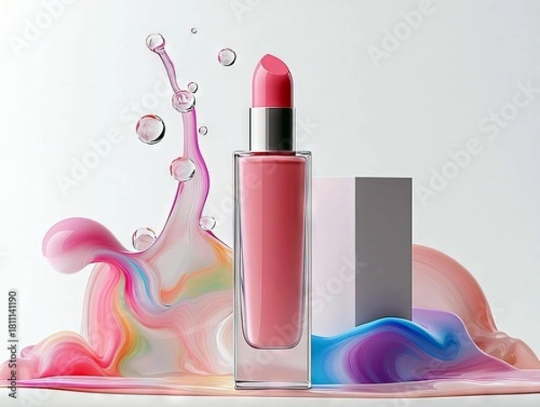 Fototapeta A pink lipstick tube stands next to abstract colorful liquid splashes and geometric shapes on a white background.