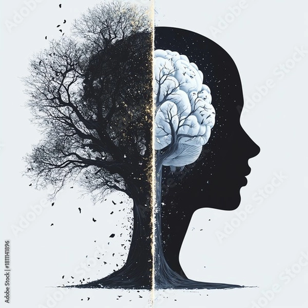 Obraz Konzept der Linken Gehirnhalfte gegen rechte Gehirnhalfte, logisches Hirn vs. kreatives Hirn, Logik gegen Kreativitat, menschliche Silhouette   high resolution   for isolate image