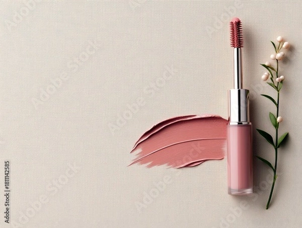 Fototapeta A pink mascara wand, a swatch of pink cream makeup, and a sprig of white berries are arranged on a neutral textured surface.