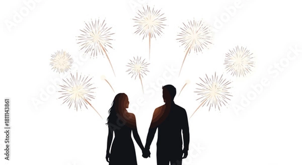 Fototapeta Couple holding hands silhouetted against a white background with a display of fireworks celebrating a special occasion