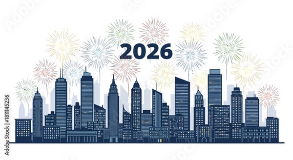 Obraz Happy new year 2026 celebration with colorful fireworks exploding over a modern city skyline at night