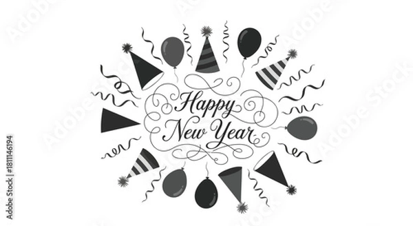 Fototapeta Festive happy new year greeting with balloons party hats and confetti in a circular arrangement on a white background