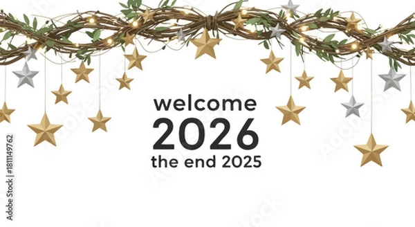 Obraz Welcome 2026 and the end of 2025 with festive gold and silver star decorations and twinkling lights