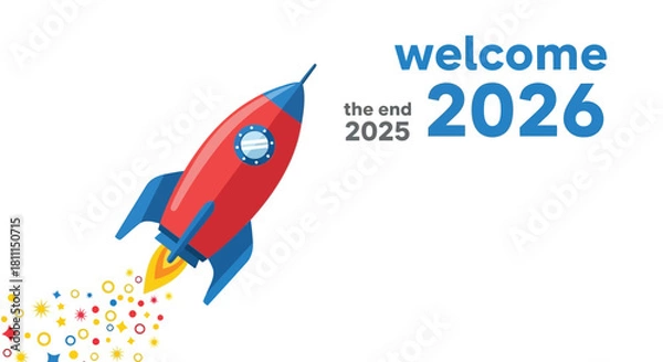 Fototapeta Red and blue rocket blasting off leaving a trail of colorful stars and circles welcoming the year 2026 as 2025 ends
