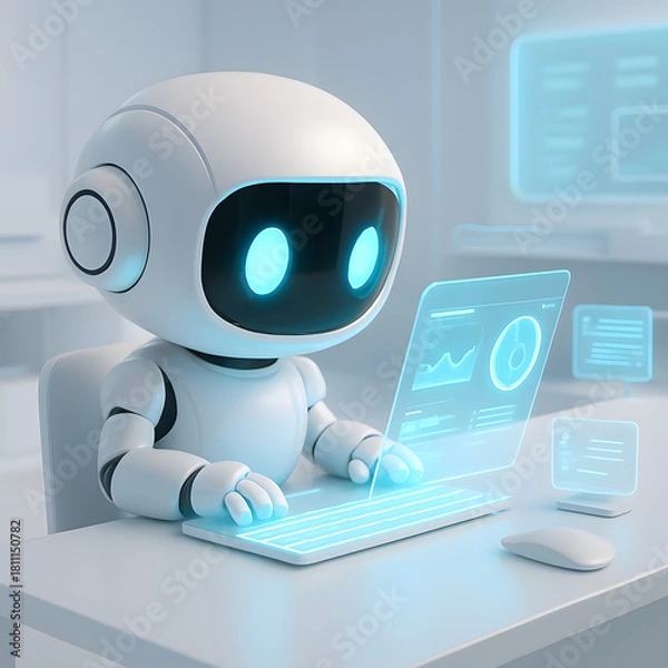 Obraz A cute futuristic robot working on a holographic laptop, ideal for illustrating AI assistance, digital productivity, automation, and modern tech concepts.