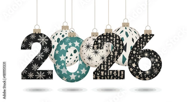 Obraz Decorative christmas ornaments in the shape of the year 2026 with festive patterns hang against a white background