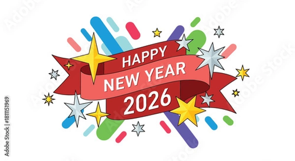 Fototapeta Happy new year 2026 banner with festive stars and colorful confetti celebrating the upcoming year