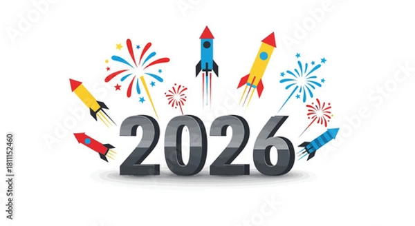 Fototapeta Celebrate the new year 2026 with colorful rockets and fireworks launching into the sky for a festive and exciting start