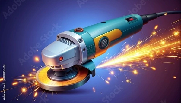 Fototapeta Dynamic angle grinder creating vibrant sparks in a workshop setting, perfect for construction, industrial safety, and powerful tool promotions.