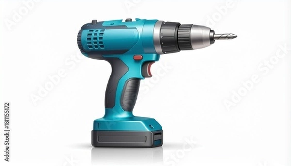 Fototapeta Professional teal power drill ready for DIY projects, home repair, and construction work with a clean design and reliable performance on a white backdrop
