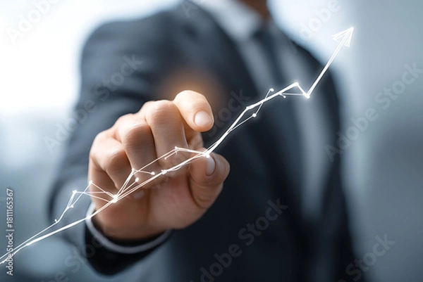 Obraz ビジネスパーソンが上昇トレンドの抽象チャートを指し示すビジネス成長イメージ
