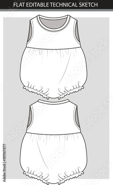 Obraz Baby Romper Flat Technical Sketch  Front and Back Views