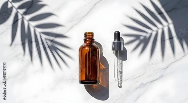 Fototapeta Amber glass bottle with dropper on a marble surface with plant shadows