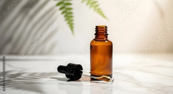 Fototapeta A brown glass bottle with a dropper next to it is lit by sunlight.