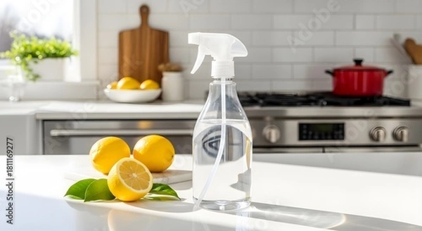 Fototapeta A spray bottle of cleaning solution sits next to lemons on a kitchen counter.