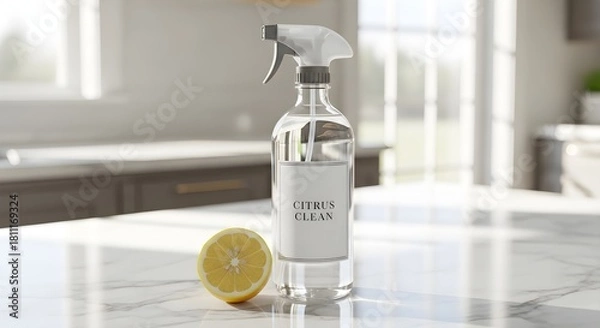 Fototapeta A citrus cleaning spray bottle sits next to a lemon on a marble countertop.