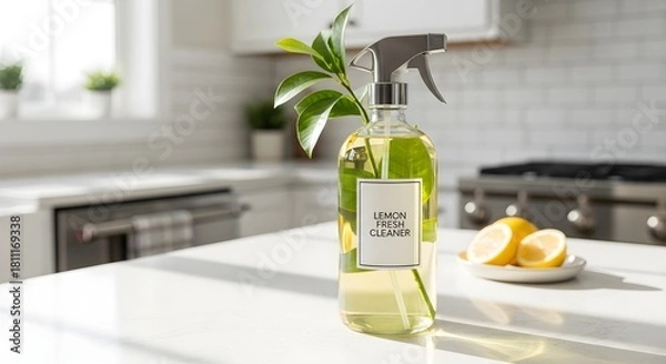 Fototapeta A bottle of lemon fresh cleaner sits on a kitchen counter with lemons nearby.