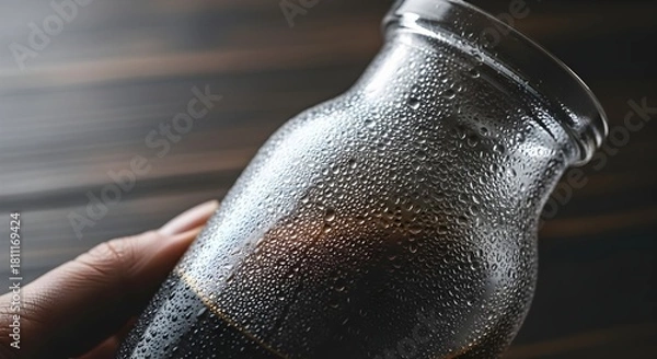 Fototapeta A hand holds a glass bottle covered in condensation filled with a dark liquid.