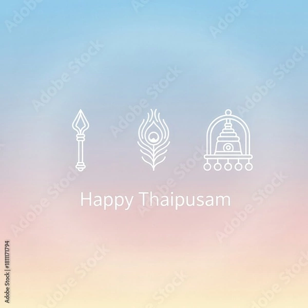 Obraz White line art spear peacock feather bell on gradient background weapon lance