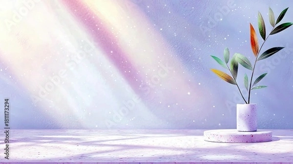 Fototapeta A minimalist scene with a textured pastel background, diagonal light beams, and a single plant in a vase on a pedestal.