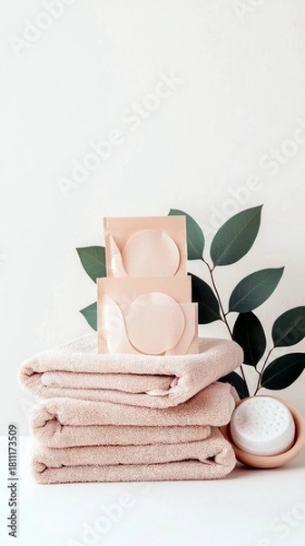 Fototapeta A stack of soft, pastel pink towels is arranged with skincare products and a green leaf, evoking a sense of calm and self-care.