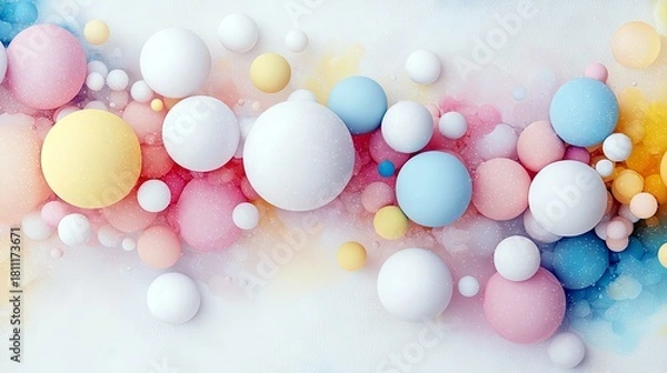 Fototapeta A collection of soft pastel colored spheres in various sizes float on a white background with subtle watercolor splashes.