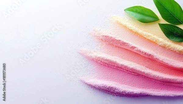 Fototapeta A soft, textured pile of pastel colored powders in shades of pink and yellow, accented by fresh green leaves.