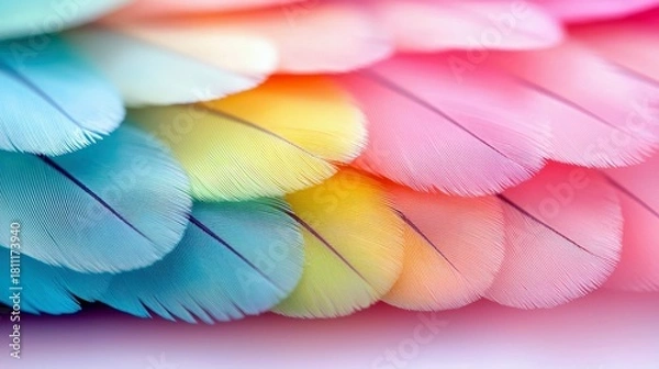 Fototapeta A close-up, abstract view of layered feathers in soft pastel shades of blue, yellow, pink, and orange.