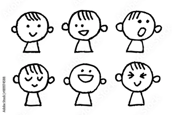 Fototapeta 手描きの子どもの顔アイコン6種類セット｜笑顔・喜び・驚き・安らぎ・楽しさ・困惑などの感情を表すシンプルな表情イラスト