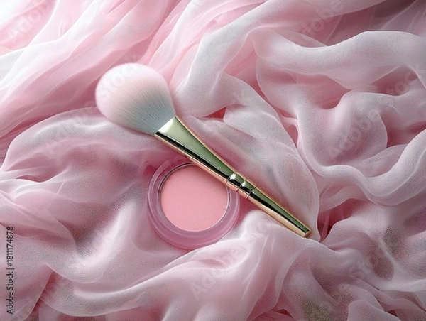 Fototapeta A soft pink blush compact and a fluffy makeup brush rest on flowing, sheer pink fabric.