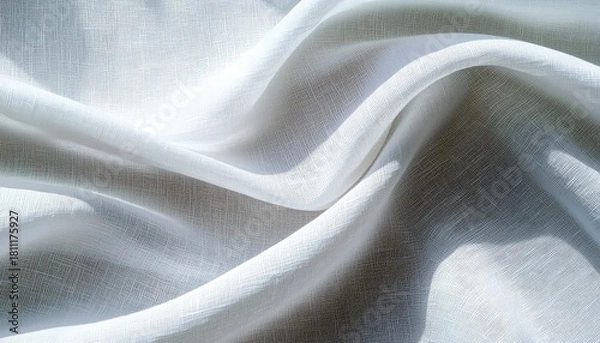 Fototapeta A close-up view of flowing white linen fabric, showcasing its textured weave and the interplay of light and shadow across its draped folds.