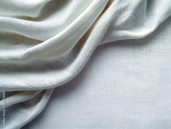 Fototapeta A close-up view of draped white linen fabric, showcasing its soft texture and elegant folds with subtle shadows.