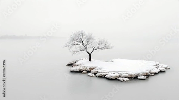 Fototapeta A stark winter landscape featuring a lone, leafless tree on a small, snow-dusted island surrounded by quiet, misty water.
