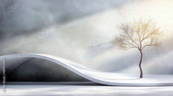 Fototapeta A lone tree with sparse yellow foliage stands on a smooth, white, curved surface under a sky filled with soft, diffused light and atmospheric clouds.