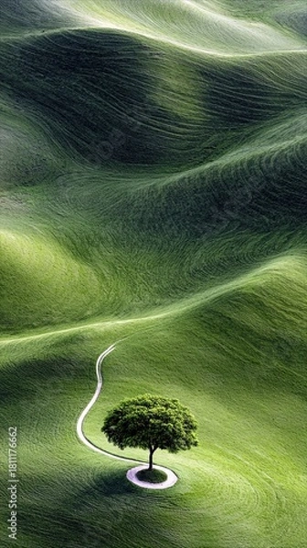 Fototapeta A lone, vibrant green tree is centered on a smooth, rolling green hill, with a white path curving towards its base.