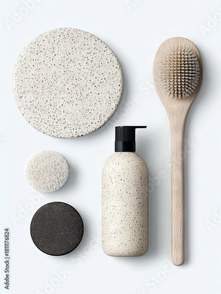 Fototapeta A collection of spa and bath accessories, including a pumice stone, loofah, soap, lotion dispenser, and body brush, are arranged on a white background.