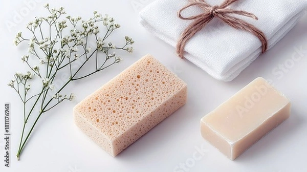Fototapeta A minimalist arrangement of natural soap, a textured sponge, and a sprig of baby's breath flowers, evoking a sense of clean, natural self-care.