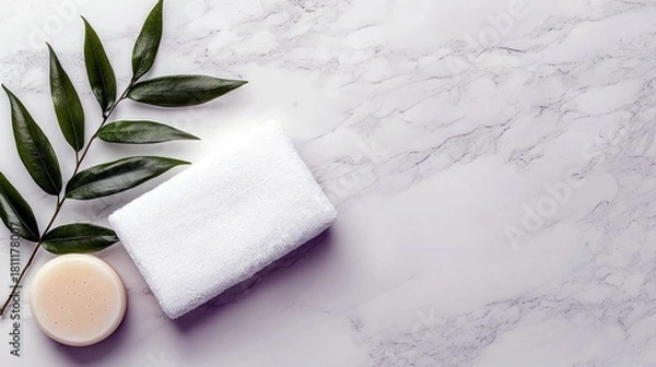 Fototapeta A minimalist spa and wellness scene featuring a green leaf sprig, a neatly folded white towel, and a round bar of soap arranged on a white marble background.